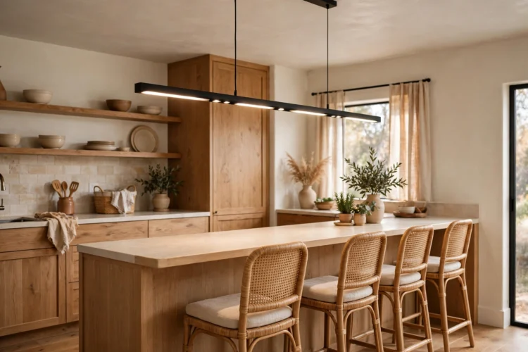 Linear pendant light over a narrow kitchen peninsula