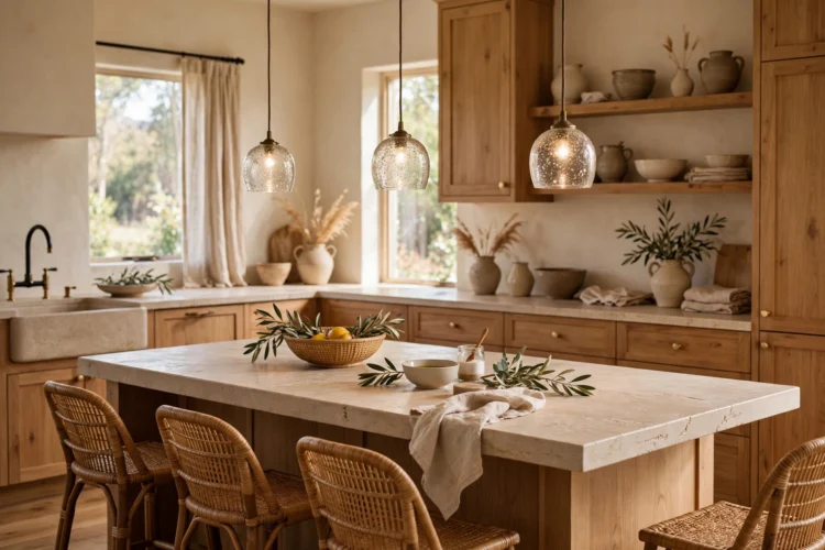 Seeded glass mini pendants hung low over an island