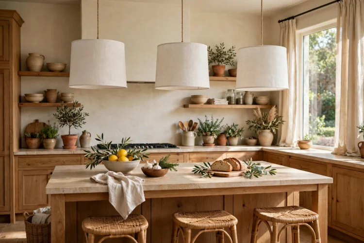 White linen drum pendant shades over a kitchen island