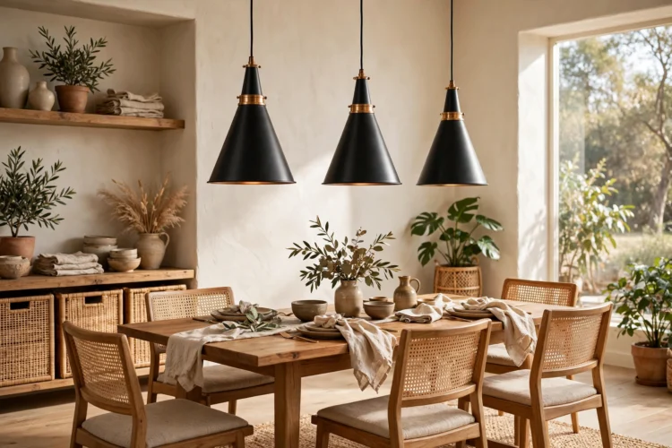 Black metal cone pendants with brass accents