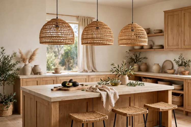 Woven rattan basket pendants over an island