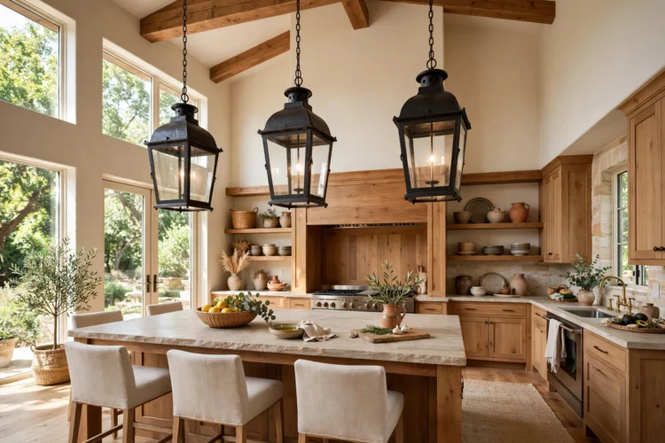 Oversized lantern pendants in a tall-ceiling kitchen