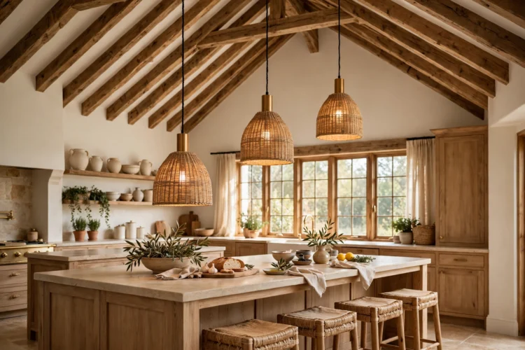 Pendants with staggered drops over a vaulted-ceiling peninsula