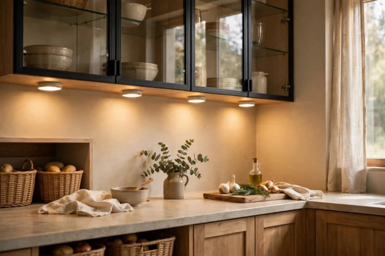 Puck lights under glass-front kitchen cabinets