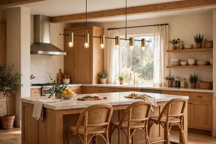 Linear chandelier over a six-foot kitchen island