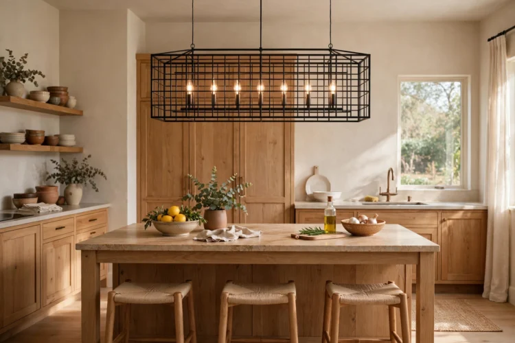 Rectangular cage chandelier over a kitchen island