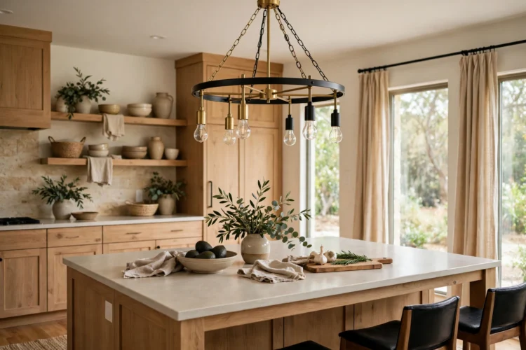 Mixed metal chandelier with brass and black finishes