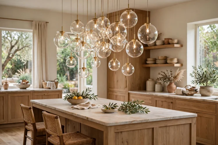 Cluster chandelier of glass globes at staggered heights
