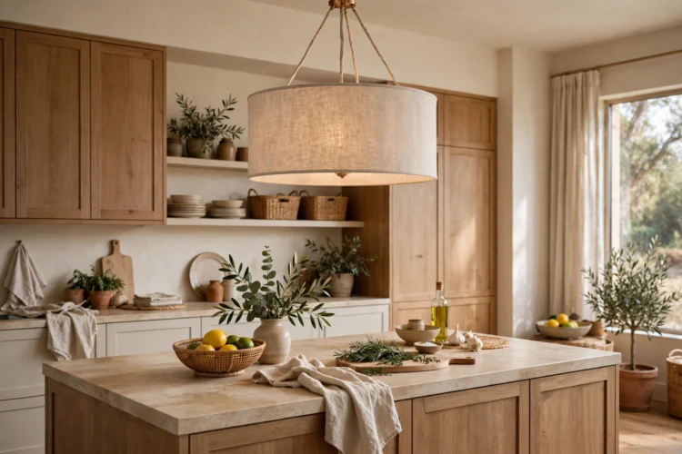 Linen drum chandelier over a kitchen island