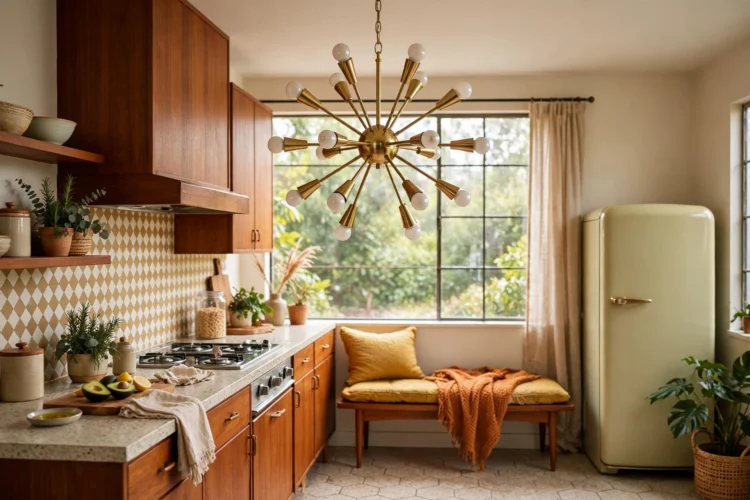Brass sputnik chandelier in a mid-century kitchen
