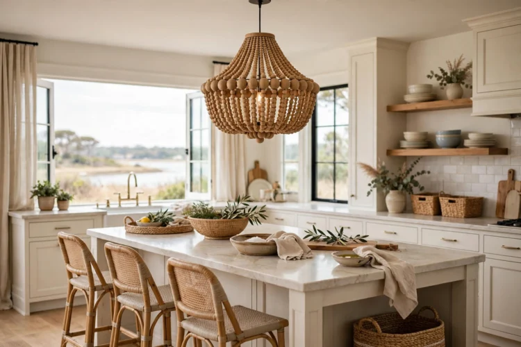 Wood bead chandelier over a coastal kitchen island
