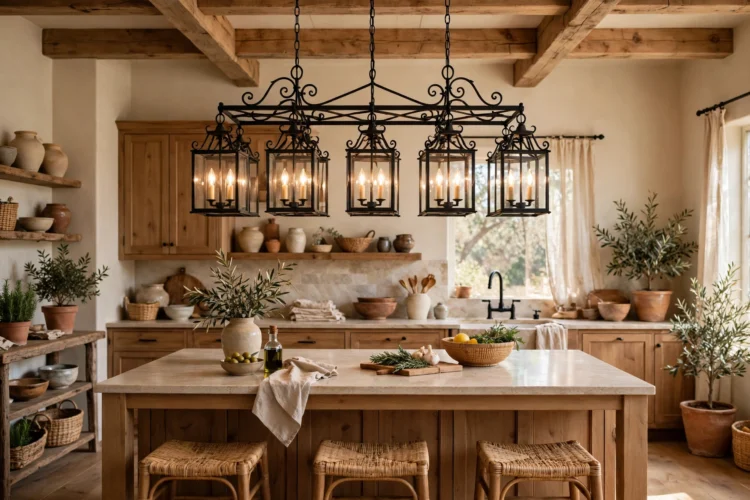 Wrought iron lantern chandelier over an island