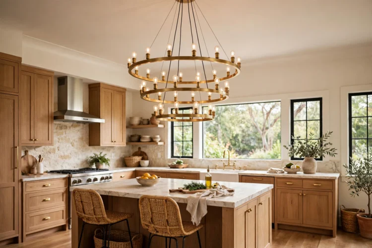 Tiered ring chandelier in a nine-foot ceiling kitchen