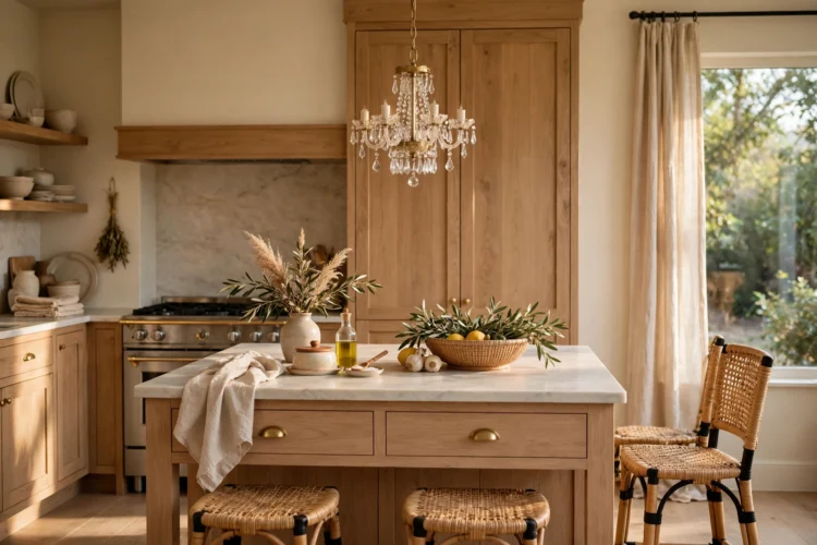 Small crystal chandelier over a kitchen island