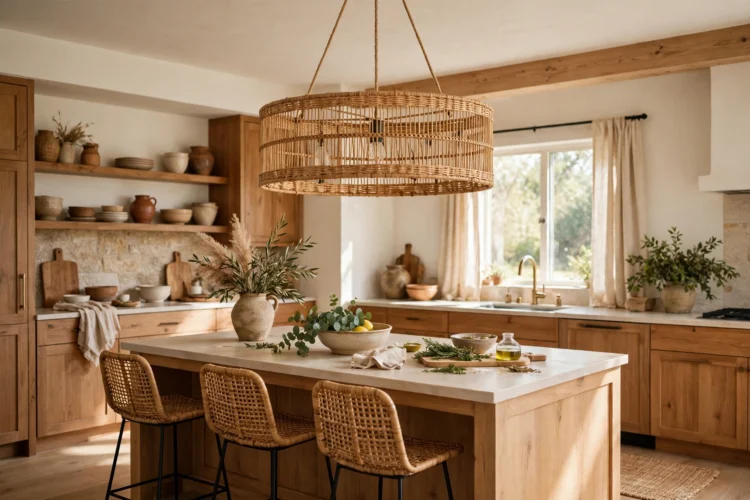 Rattan drum chandelier over a kitchen island