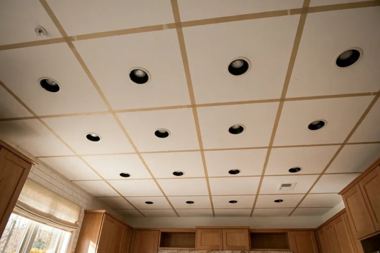 Recessed can layout grid marked on a kitchen ceiling plan