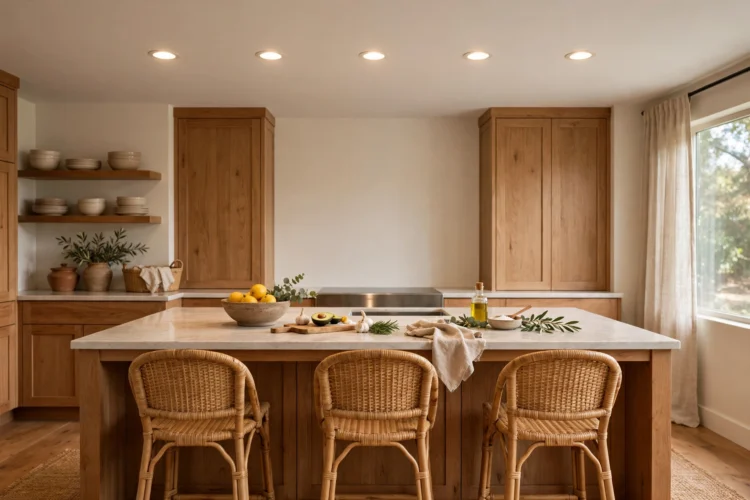 Recessed cans in a row over a kitchen island