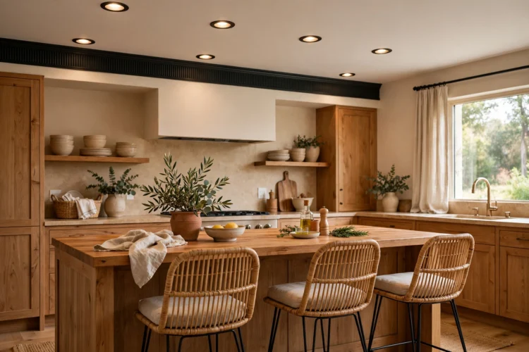 Baffle trim recessed lights near kitchen seating