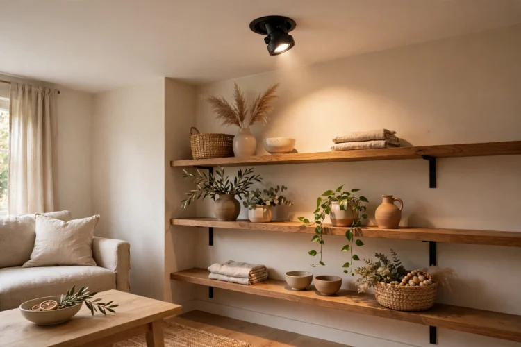 Gimbal trim recessed light aimed at open shelving