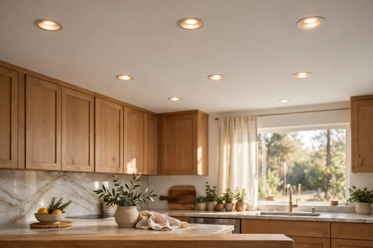 Four-inch recessed cans in a modern kitchen ceiling
