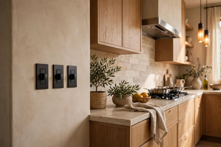 Dimmer switches controlling kitchen lighting zones