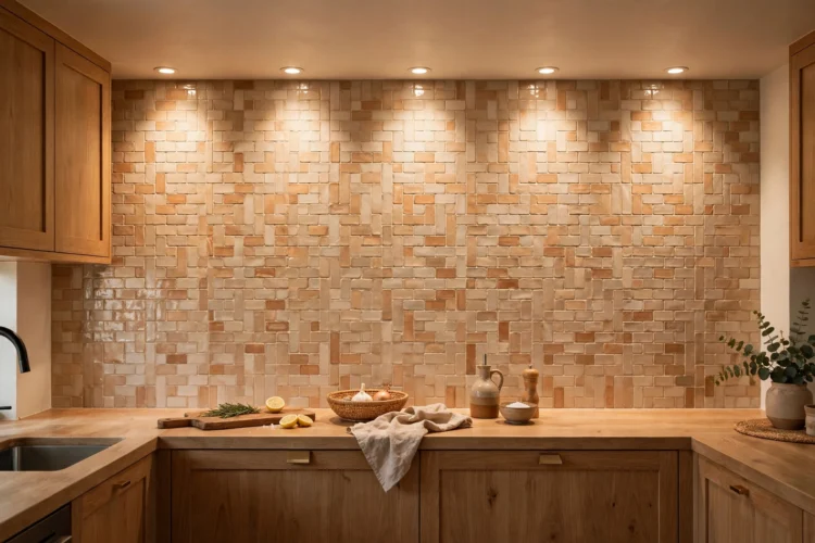 Wall-wash recessed lighting on a tile backsplash
