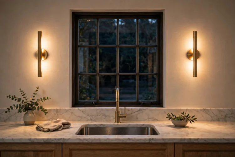 Pair of slim brass sconces flanking a kitchen window over the sink, warm glow on marble countertop