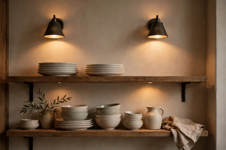 Small shaded sconces mounted above wooden open shelves holding stacked dishes, warm downward light