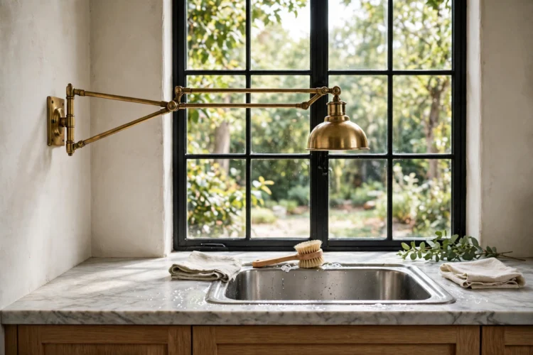 Brass swing arm sconce beside a kitchen sink window, arm extended over the basin
