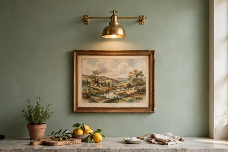 Brass picture light above framed vintage art on a sage green kitchen wall
