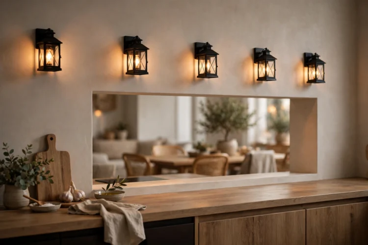 Mini black lantern sconces along a kitchen pass-through wall, glowing warmly