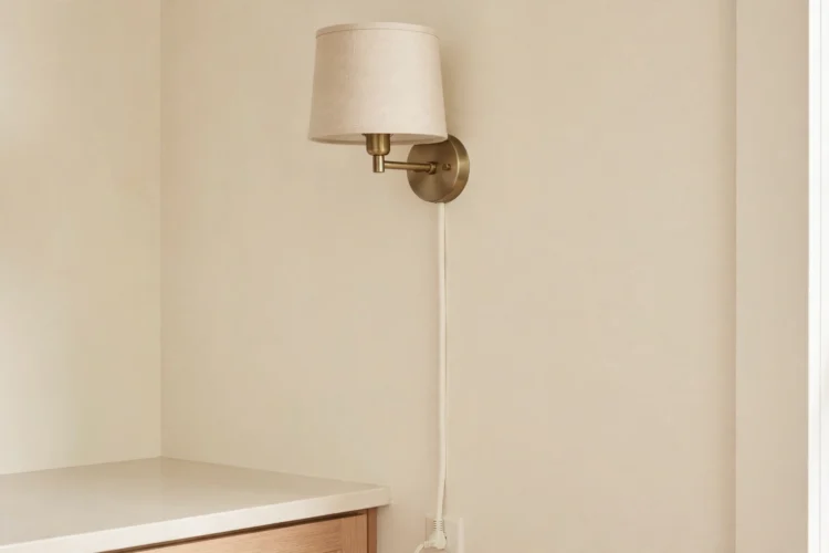 Plug-in linen drum wall sconce on a blank cream kitchen wall with painted cord cover