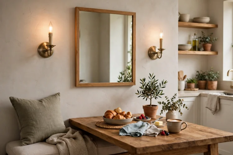 Candle-style sconces flanking a mirror in a cozy breakfast nook with wooden table