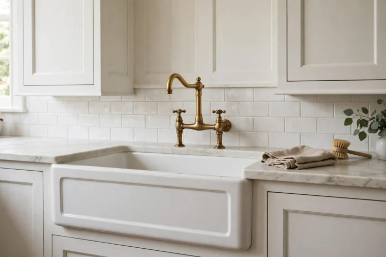 White fireclay apron front sink with white shaker cabinets and brass bridge faucet
