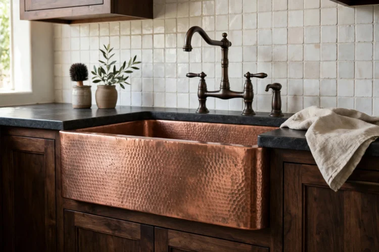 Hammered copper farmhouse sink set into dark walnut cabinets with oil-rubbed bronze faucet