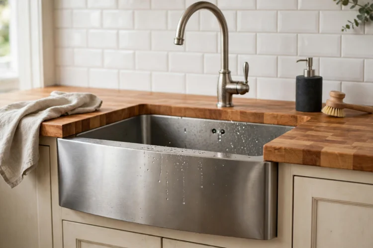 Stainless steel apron front sink with butcher block countertop and gooseneck faucet
