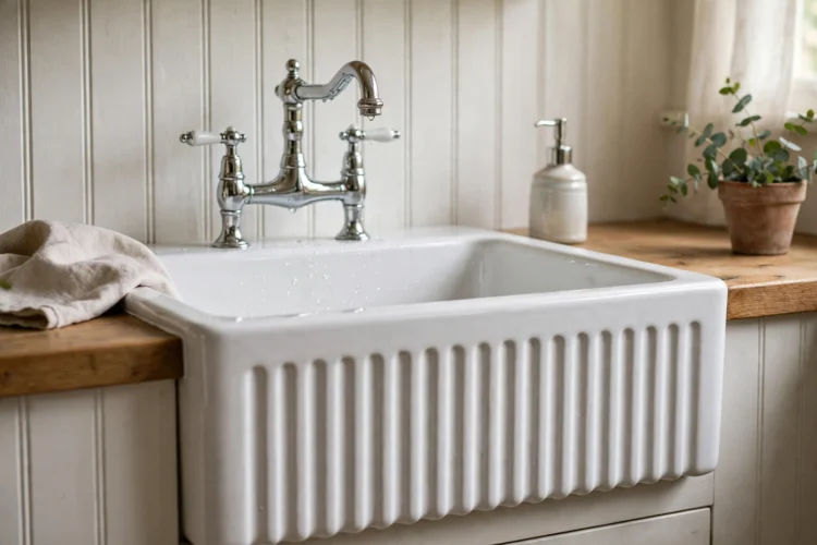Fluted white apron front sink in a cottage kitchen with beadboard and chrome faucet
