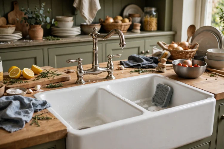 Double bowl fireclay farmhouse sink with polished nickel faucet in a busy family kitchen