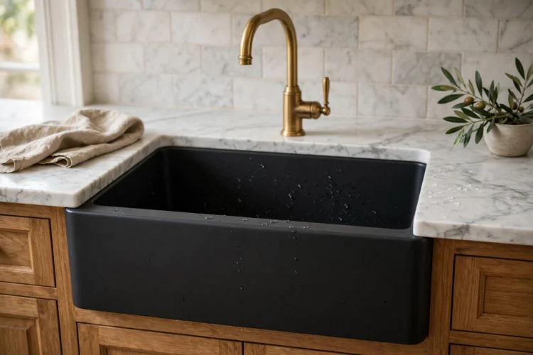 Matte black composite apron front sink with white marble countertop and brass faucet