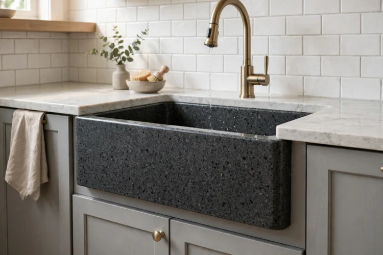 Granite composite apron sink in a modern farmhouse kitchen with gray cabinets