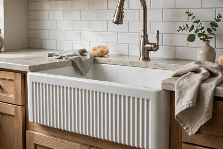 Reversible apron front sink showing fluted side with brushed nickel faucet