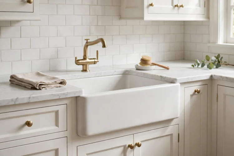 Short apron fireclay sink with low profile front in a classic white kitchen