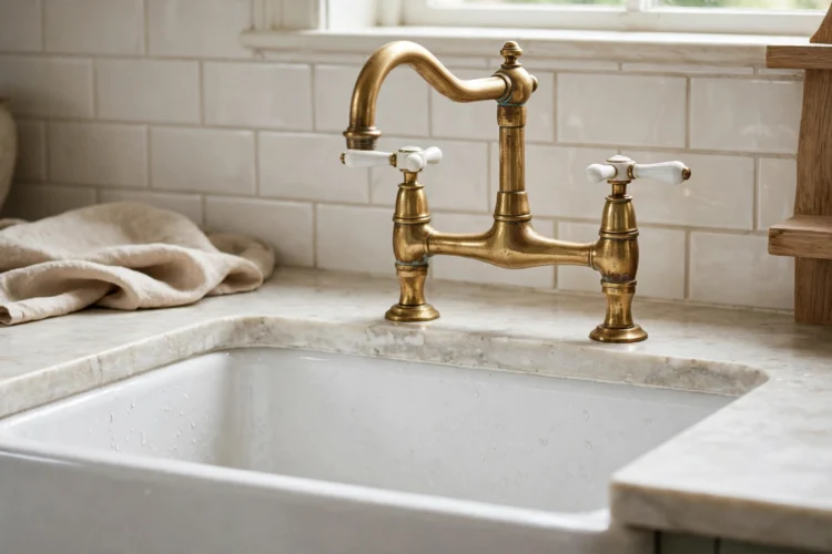 Unlacquered brass bridge faucet with porcelain handles over a white farmhouse sink