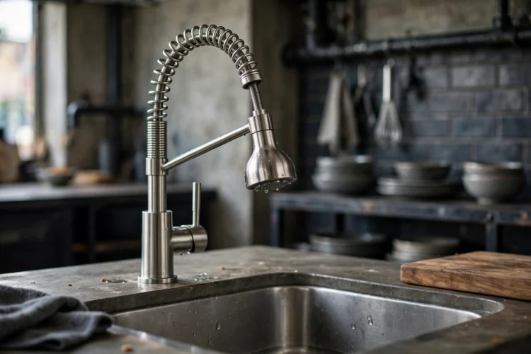 Stainless steel pull-down faucet with exposed spring spout in an industrial kitchen