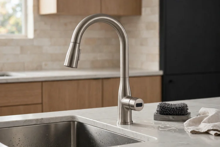 Touchless satin nickel kitchen faucet with motion sensor in a contemporary kitchen