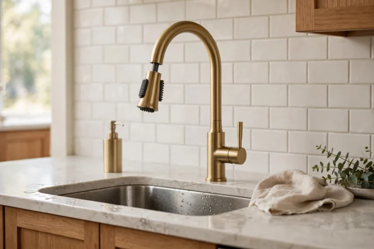 Brushed brass pull-down kitchen faucet with high arc spout in a modern kitchen