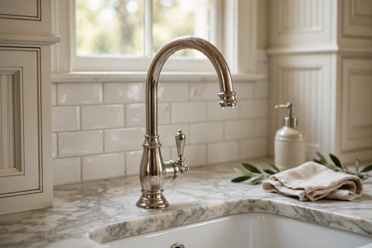 Polished nickel gooseneck faucet over a marble countertop in a classic kitchen