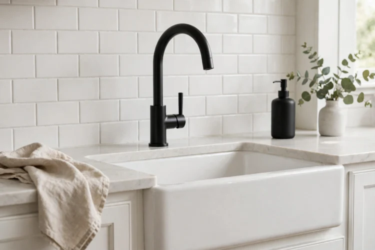 Matte black single-handle faucet with clean lines in a white farmhouse kitchen