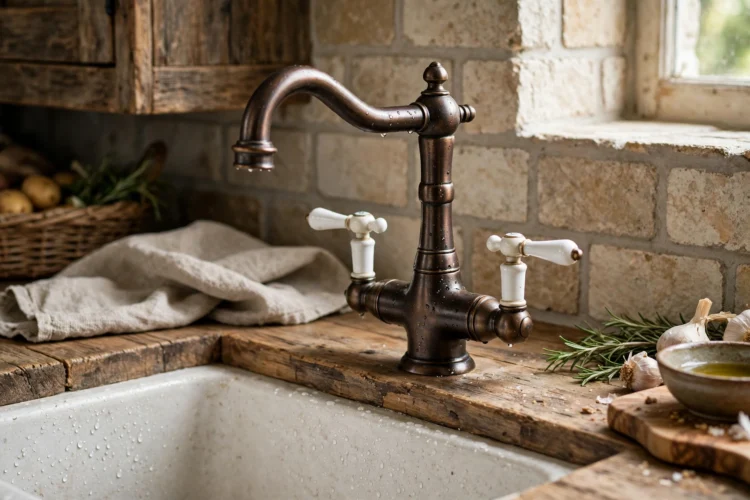 Oil-rubbed bronze faucet with white porcelain lever handles in a rustic kitchen