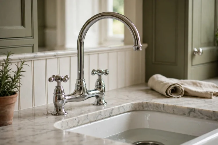 Chrome two-handle widespread faucet with curved spout in a traditional kitchen